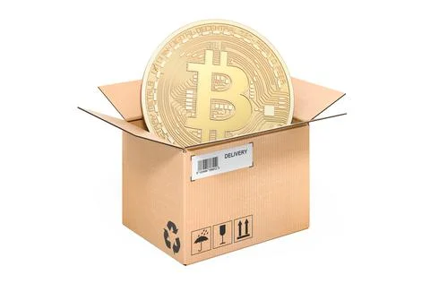 Bitcoin inside cardboard box, 3D rendering Illustrazione stock