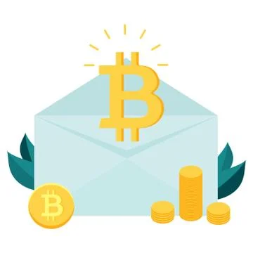 Bitcoin inside the envelope. Piles of golden bitcoins. Stock Illustration