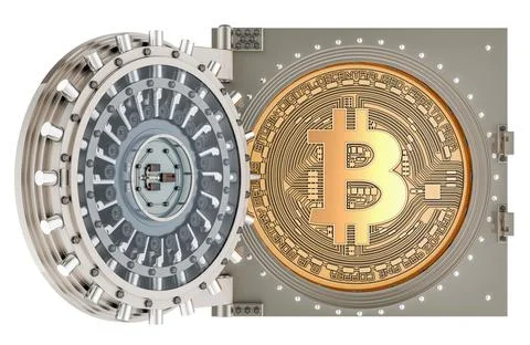 Bitcoin inside opened bank vault, 3D rendering Ilustración de archivo