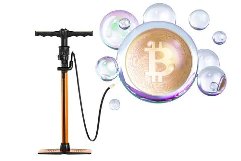 Bitcoin inside soap bubble with pump. Financial bubble concept, 3D rendering Illustrazione stock