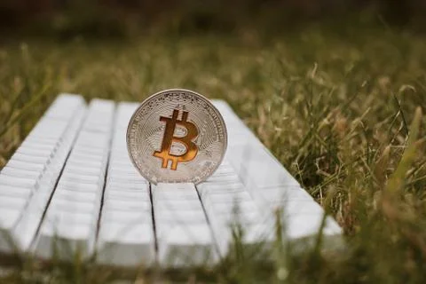 Bitcoin keyboard in grass Stock Photos