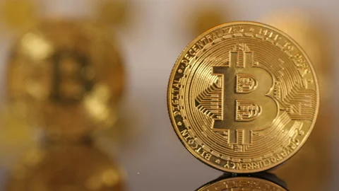 Bitcoin landscape, slider shot. Ends on Bitcoin coin. Stock Footage 169966228