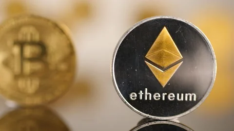 Bitcoin landscape, slider shot. Ends on Ethereum coin. Stock Footage 169966889