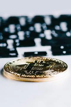 Bitcoin On Laptop Stock Photos