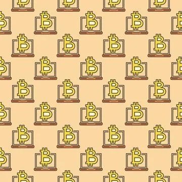 Bitcoin on Laptop vector Decentralized Cryptocurrency colored seamless patter 스톡 일러스트