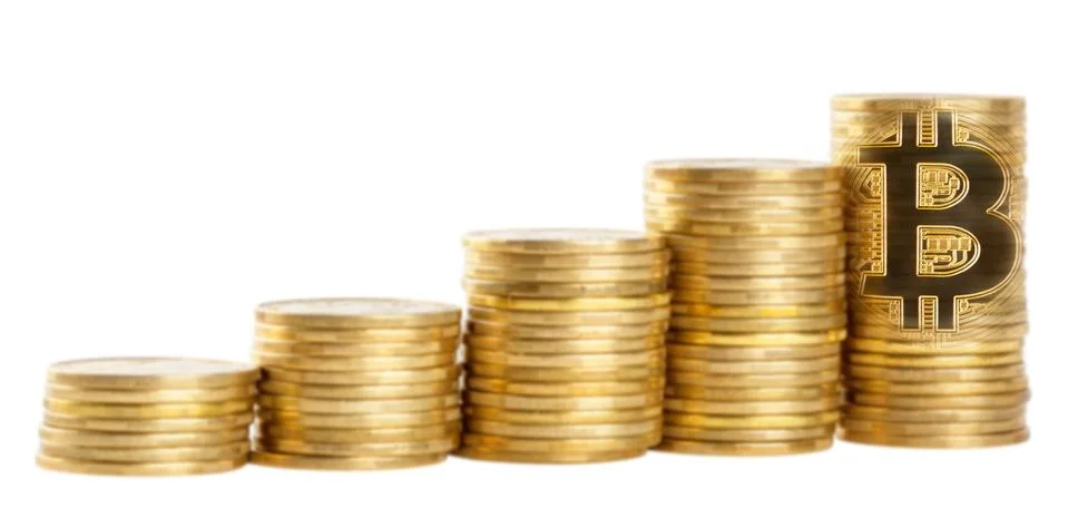 Bitcoin on large coin stake stack Stock Photos