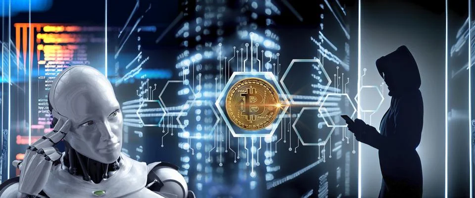 Bitcoin layout and hacker on the network Stock Photos