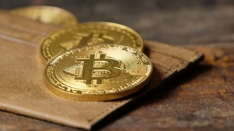 Bitcoin on leather wallet. Stock-Footage 94585179