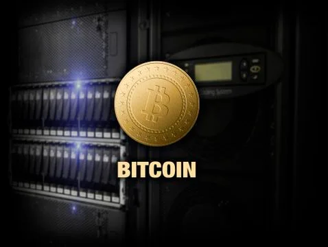 Bitcoin, litecoin ethereum on PC in the server room, golden coins, copy space Stock Photos