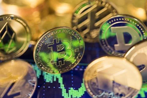 Bitcoin, litecoin, etherium coins close up, Virtual money background Stock Photos