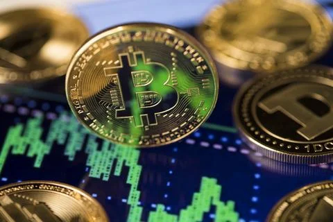 Bitcoin, litecoin, etherium coins close up, Virtual money background Stock Photos