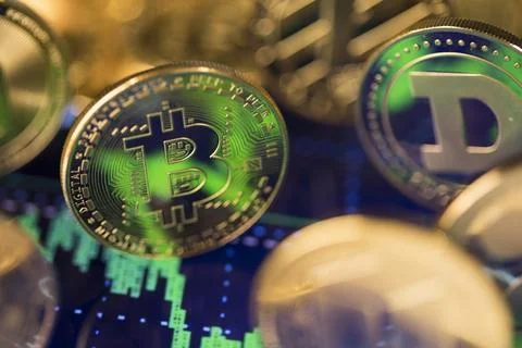 Bitcoin, litecoin, etherium coins close up, Virtual money background Stock Photos