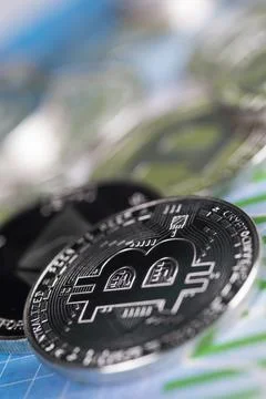Bitcoin, litecoin, etherium coins close up, Virtual money background Stock Photos