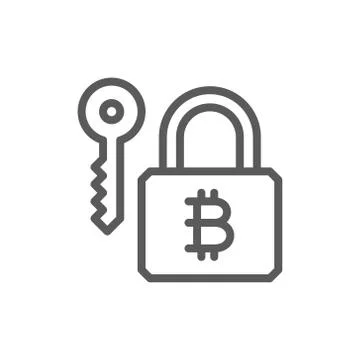 Bitcoin lock with key, cryptocurrency, blockchain line icon. イラスト素材