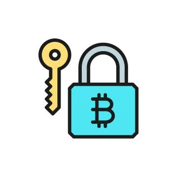 Bitcoin lock with key, cryptocurrency, blockchain flat color icon. Stock Illustration