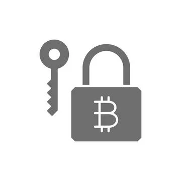 Bitcoin lock with key, cryptocurrency, blockchain grey icon. Stock Illustration