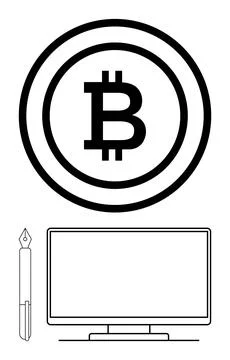 Bitcoin logo above computer screen and pen, suggesting financial technology.. Stock Illustration