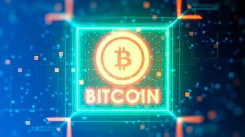 Bitcoin logo on a abstract digital background. Financial hi-tech theme Foto stock
