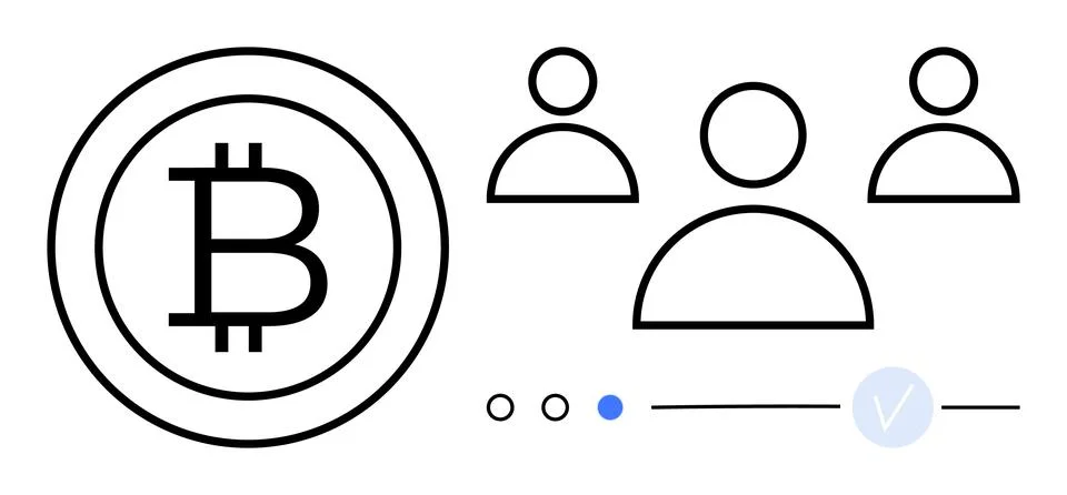 Bitcoin logo alongside three user icons and interface elements. Ideal for fin Stock Illustration