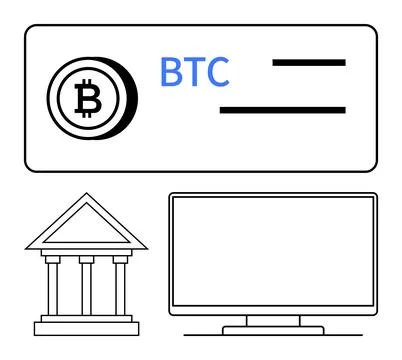 Bitcoin logo and text BTC, empty address fields, stylized bank building, and  Illustrazione stock