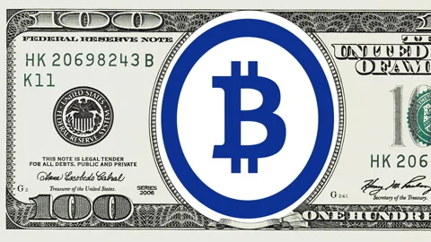 Bitcoin logo animation in frame of 100 dollar bill Stock Footage 96661466