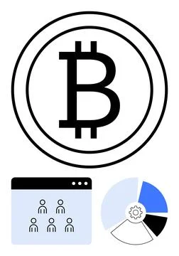 Bitcoin logo in a circle, group audience interface, and segmented pie chart.  Stock Illustration