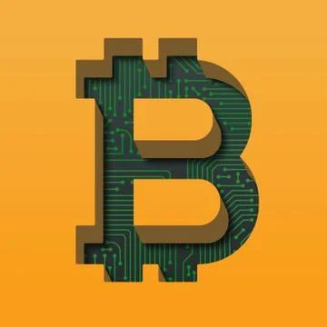 Bitcoin logo with circuit board background and long shadows. 3D illustration Stock Illustration