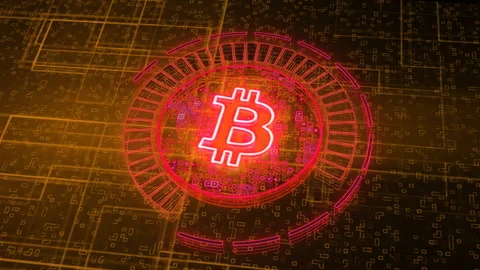 Bitcoin Logo In Cyberspace, Mining Process Visualisation, Cryptocurrency Vídeos de archivo 154248833