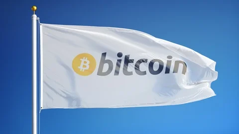 Bitcoin logo flag waving in slow motion against blue sky, editorial animation Stock Footage 86218763