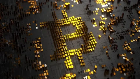 Bitcoin logo in the form of a microcircuit. Cryptocurrency transactions Stock Footage 186958310