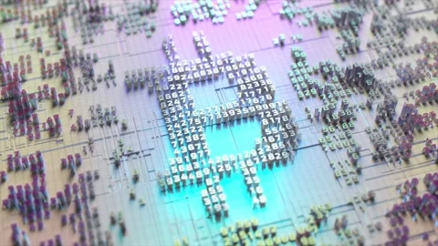 Bitcoin logo in the form of a microcircuit. Cryptocurrency transactions Stock Footage 186960168