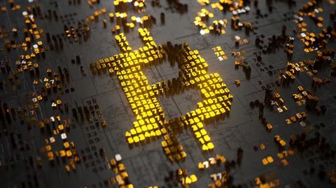 Bitcoin logo in the form of a microcircuit. Cryptocurrency transactions Stock Illustration