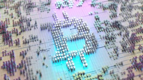 Bitcoin logo in the form of a microcircuit. Cryptocurrency transactions Illustrazione stock