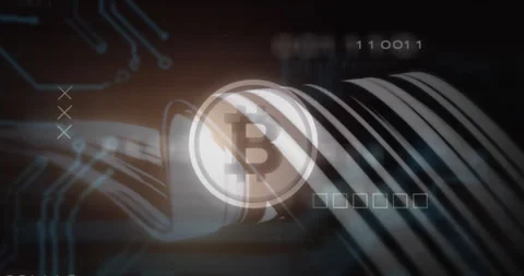Bitcoin logo hologram floating over dark data network, highlighting metallic Stock Footage 309066330
