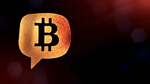 Bitcoin logo inside a message cloud. Financial background made of glow particles Stock Footage 88468024
