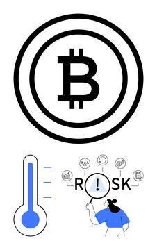 Bitcoin logo with layered circles, thermometer measuring levels, person exami Illustrazione stock