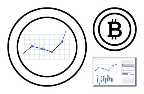 Bitcoin logo, line graph with rising trend, and data analytics tablet with ch Stock Illustration