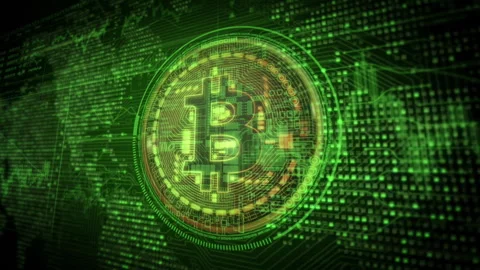 Bitcoin logo on the tecnological background of the world map. Forex market Stock Footage 245742781