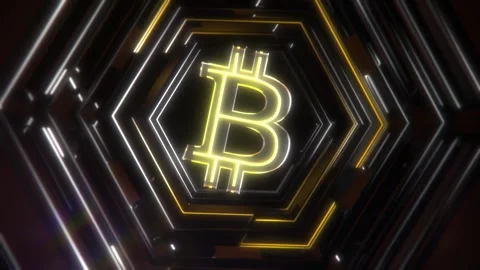 Bitcoin logo in a tunnel of lights, Dynamic Camera Movement, UHD motion design Stock Footage 264516388