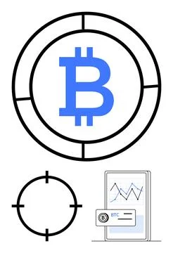 Bitcoin logo within target circles above graph on smartphone. Ideal for crypt Ilustración de archivo