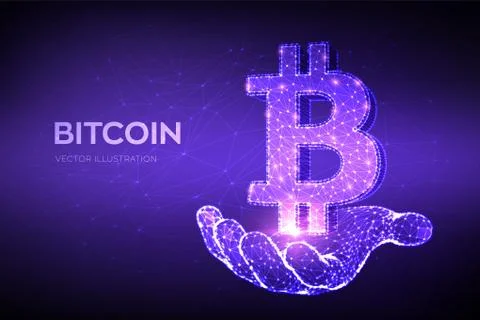 Bitcoin. Low poly abstract mesh line and point Bitcoin sign in hand. Crypto c Stock Illustration
