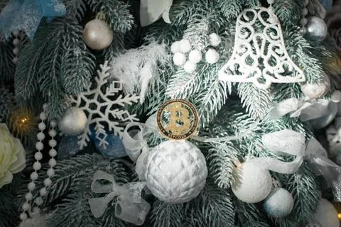 Bitcoin lying on the Christmas tree. Stock Photos