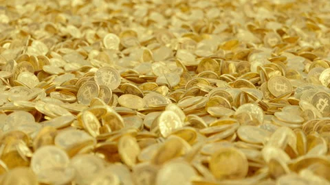 Bitcoin lying on a pile of Bitcoins Close-up Stock Footage 163309477