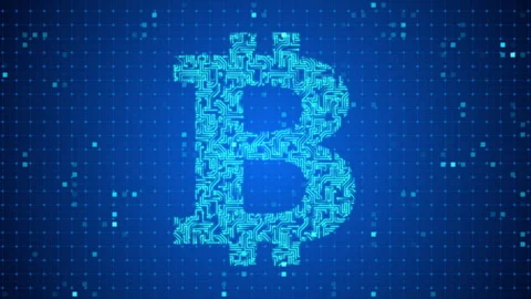 Bitcoin made of glowing circuit board with moving electrons on blue cyberspace Video stock 244421483