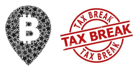 Bitcoin Map Pointer Star Mosaic and Tax Break Scratched Stamp Illustration