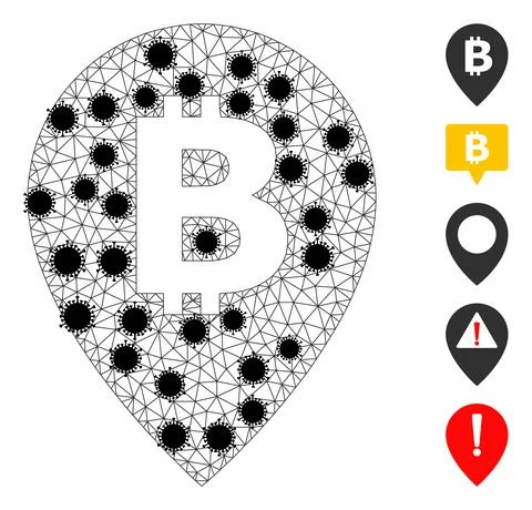 Bitcoin Map Pointer Wireframe Mesh Pictogram with Pathogen Centers Illustrazione stock