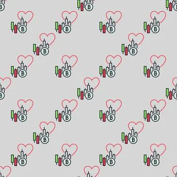 Bitcoin Market Chart with Heart vector Trading colored seamless pattern Stock Illustration