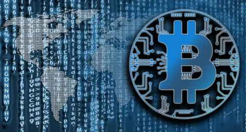 Bitcoin on matrix code background with world map. Criyptpcurency concept Stock Photos