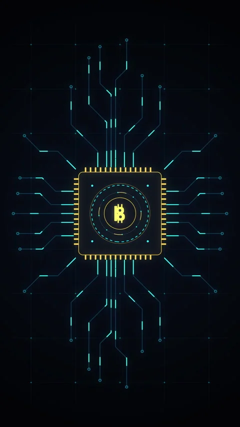 Bitcoin microchip with digital circuit board, data stream lines, financial .. Stock Footage 348325335