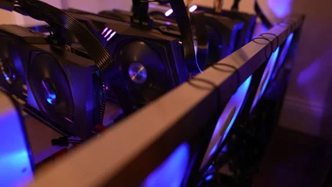 Bitcoin Miner Rig working hard Stock Footage 249936643